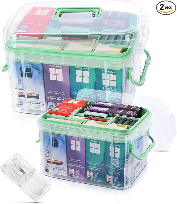 Medicine Organizer Storage Box with Pill Splitter,2 Pack Clear Portable Medicine Cabinet Organizer,Multipurpose Medicine Box with Lids,Trays,Labels,Handle,Empty First Aid Kit for Home,Travel