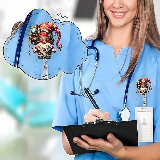 Christmas Gnome Badge Holder Christmas Badge Reel Gnome Holly Nurse Badge Holder with Alligator Clip Cute Cartoon Xmas Badge Reels Retractable ID Name Badge Clips for Nurse Teacher Office Decoration