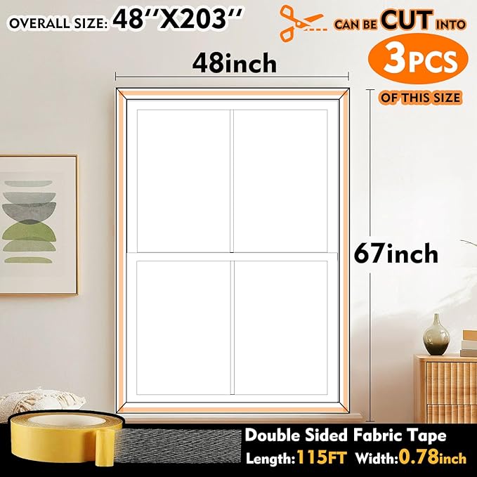 Window Insulation for Winter - 48''x203'' Plastic for Winterizing Windows, Fit up to 3 Windows Insulation Kit, High-Clarity
