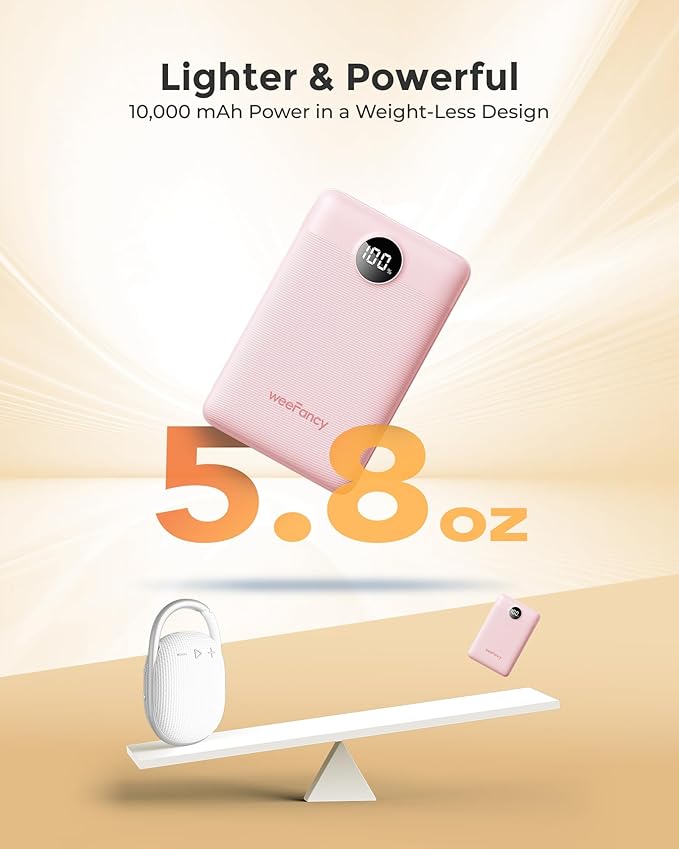 Small Portable Charger 10000mAh, Mini Power Bank with LED Display, 22.5W PD Fast Charging USB-C Battery Pack, Compact Lightweight Travel Charger Compatible with iPhone Samsung Android, Pink