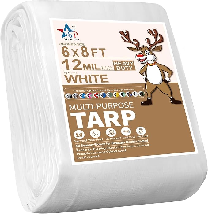 STARPYNG-12 Mil White 6x8 Feet Tarp-Heavy Duty Poly Tarp-Cover,Waterproof, UV Resistant, Weather Resistant, Cover Cars, Boats, Courtyards,Camping