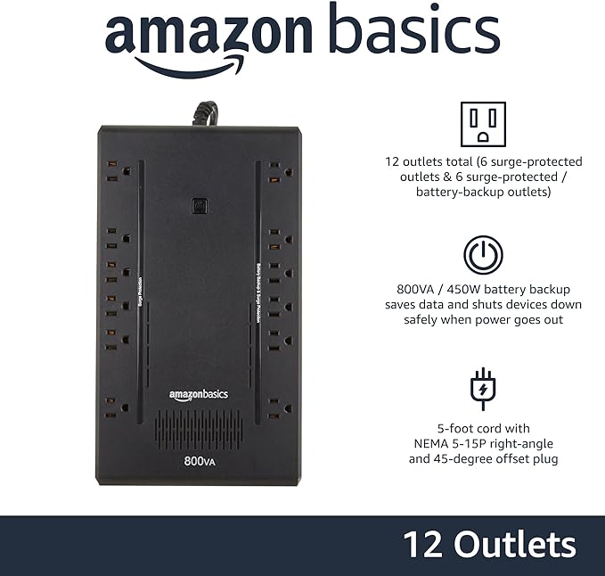 Amazon Basics UPS Battery Backup & Surge Protector 800VA/450W, 12 Outlets, Standby Uninterruptible Power Supply, for Power Outage Protection, Compact, Black