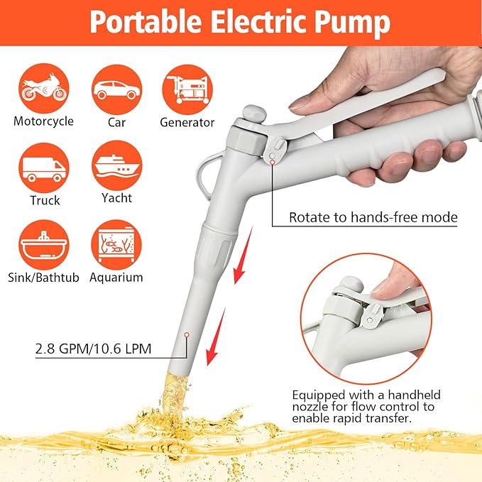 Battery Powered Fuel Transfer Pump with Hand Trigger Nozzle | Electric Gas Siphon Pump for Gasoline, Diesel, Kerosene, Water - 2.8GPM with 54” Long Hose for Cars, Boats, Mowers & Gas Cans