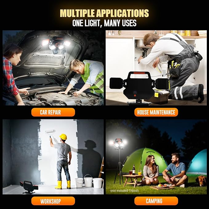 55W Rechargeable Work Light 5000LM, Foldable&Rotatable Magnetic LED Work Light with 6 Modes, 8000mAh Battery Powered Portable Work Lights for Workshop, Car Repair, Construction, Camping, Emergency Use