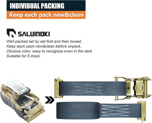8Pack E-Track Straps Ratchet Etrack Strap Box Truck Strap Tie Down Heavy Duty 2" x15' 4400lbs Breaking Load, 2200 Working Load E-Track Accessories Black