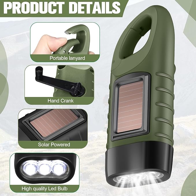 Leelosp 9 Pieces Hand Crank Flashlight Solar Powered Flashlight for Emergencies Dynamo Rechargeable LED Survival Light for Outdoor Sports Hiking Camping (Green,Black)