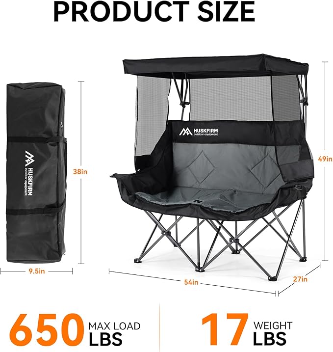 Double Camping Chair with Canopy Shade Folding Double Beach Chair with Adjustable Canopy Heavy Duty Loveseat Camping Chair with Two Cup Holders and Carry Bag for Outside, Beach Fishing Sports