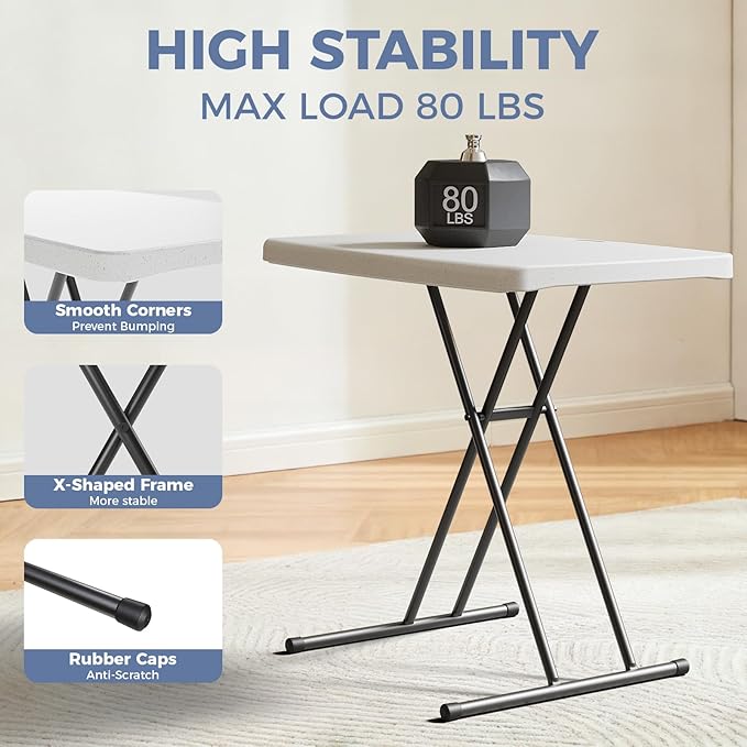 Folding Table, 30 Inch Adjustable Height Foldable Picnic Table, Portable TV Tray & Laptop Desk for Small Spaces, Dorms, Patio, Camping, BBQs, RV Travel, or Crafting, Easy to Fold and Store