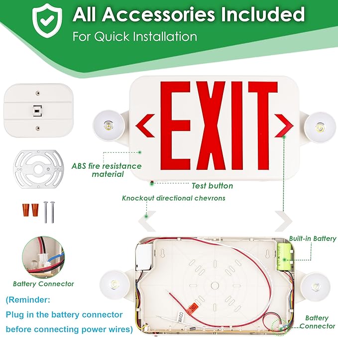 Gruenlich LED Exit Sign Combo with Emergency Lights, Adjustable Heads and Double Sided, Battery Backup, UL 924 Qualified, AC 120-277V, Commercial Emergency Exit Light for Business- 1 Pack