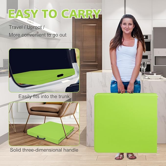 Portable 4Ft Adjustable Height Plastic Folding Table, Heavy Duty Fold-in-Half Table with Carrying Handle, Small Utility Foldable Table for Picnic Party Camping BBQ, Indoor/Outdoor (Green)