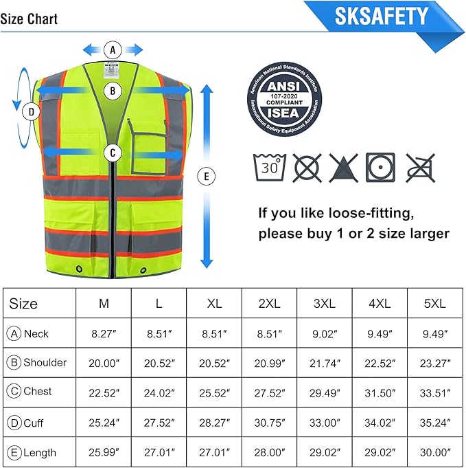 SKSAFETY 10 Pockets Safety Vest, Class 2 High Visibility Security with Zipper, Hi Vis Vest with Reflective Strips, ANSI/ISEA Standard, Construction Work Vest for Men ＆ Women （Lime, M）