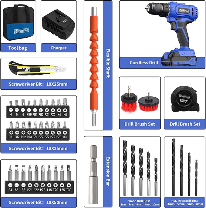FADAKWALT 20V Cordless Drill/Driver Set,Electric Power Drill Kit with Battery& Charger, 1/2inch Keyless Chuck,2 Variable Speed,25+1 Torque Setting, 400 inch-lbs with LED Power Drill Kit
