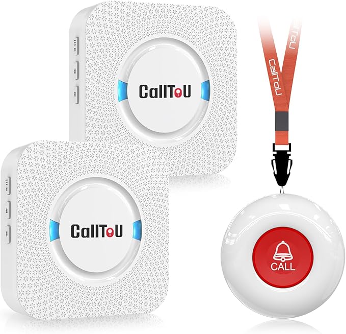 CallToU Caregiver Pager Wireless Call Button Nurse Alert System 500+ Feet for Home/Elderly/Patient/Disabled 2 Plugin Receiver 1 Waterproof Transmitter