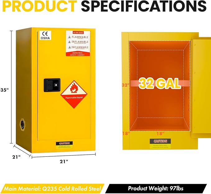 Flammable Storage Cabinet 34"x34"x65", 90 Gallon Chemical Safety Cabinet with Adjustable Shelf, Thickened Galvanized Steel Fireproof Cabinet for Flammable Liquids (21"x21"x35")