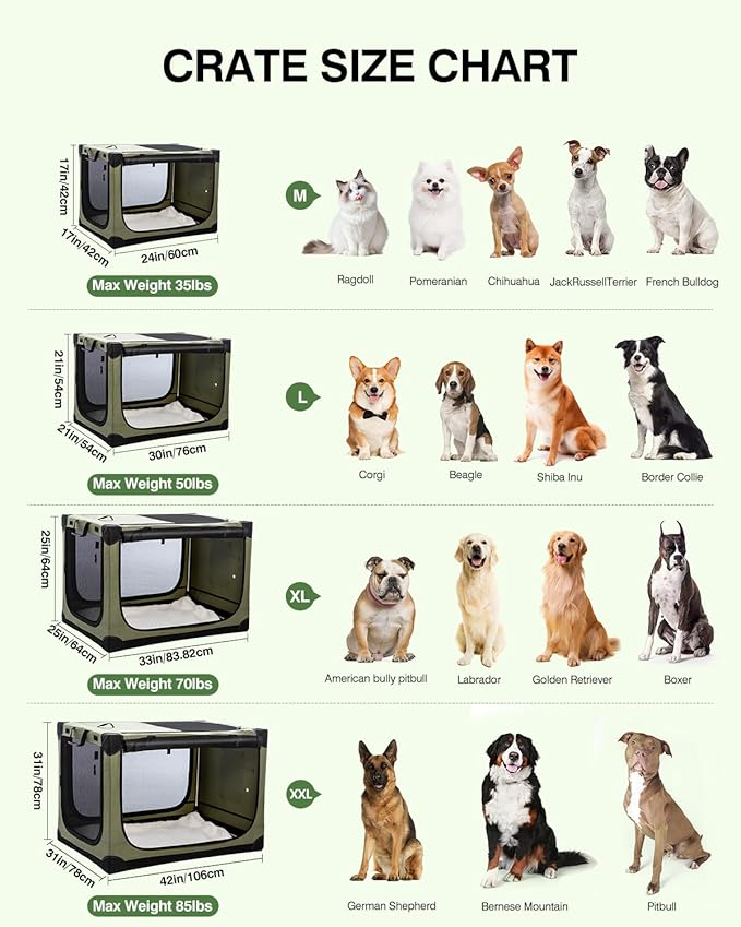 30-Inch Collapsible Travel Dog Crate, Portable 4-Door Soft Kennel for Medium to Large Dogs, Chew-Proof Mesh Windows, Indoor/Outdoor Use, Foldable, with Storage Bag (Green)