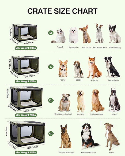 30 Inch Collapsible Travel Dog Crate for Medium Large Dogs, Portable Dog Crate 4-Door Foldable Soft Kennel with Durable Mesh Windows for Indoor & Outdoor Travel, with Storage Bag,Green