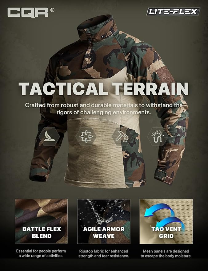 CQR Men's Combat Shirt Tactical 1/4 Zip Long Sleeve Military BDU Shirts Camo EDC Top with Pockets