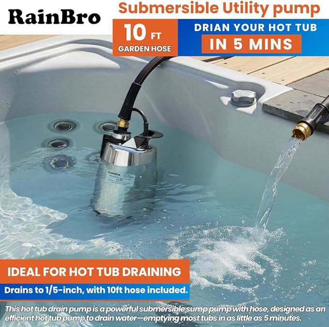 Sump Pump Submersible With 10Ft. Garden Hose, Water Pump, Portable Utility Pump, 25-Foot Cord, Ideal for Swimming Pool, Garden Pond, Hot Tub, and Flood Basement Draining