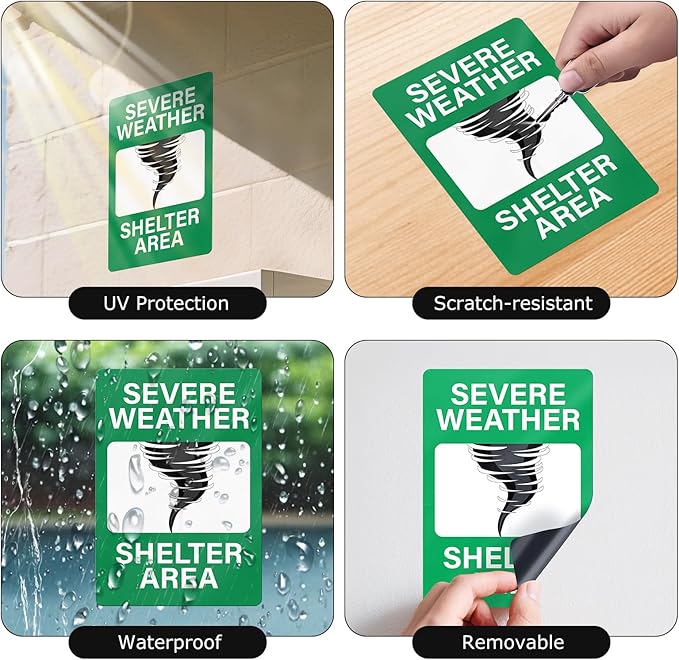 10 PCS Severe Weather Shelter Area Sign 10 × 7 Inches Vinyl Emergency Security Stickers Waterproof Self Adhesive Fade Resistant Signage for Indoor Outdoor Use