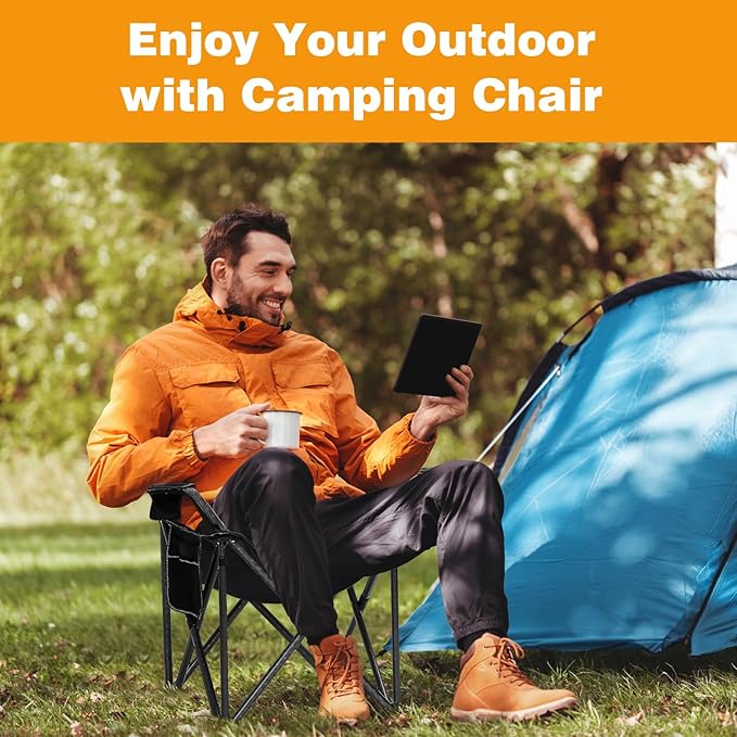 Folding Camping Chair Portable Outdoor Heavy Duty Padded Chairs Lawn Chair with Cup Holder, Storage Pocket and Cooler Bag, Supports 450LBS Black