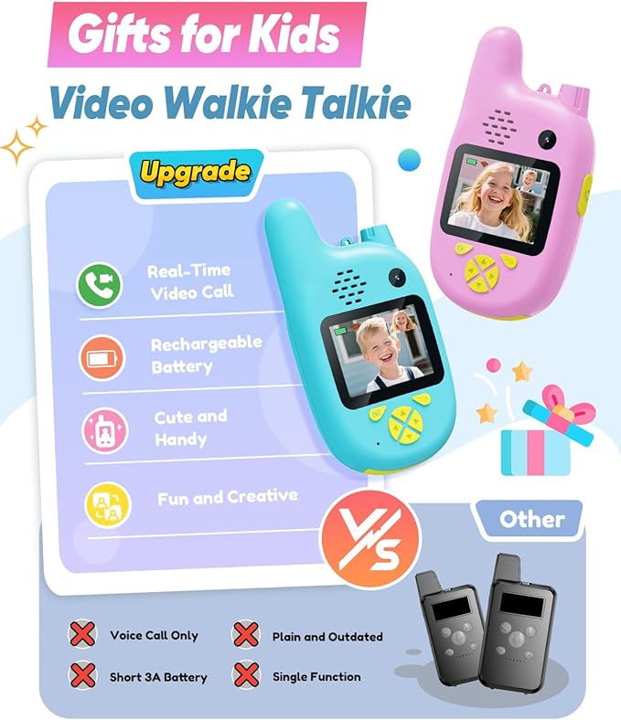 Video Walkie Talkies for Kids, 2 Pack Rechargeable Toys Walkie-Talkies, Dual Camera & Voice Changer, Gifts for Boys Girls Age 3-12 Birthday Christmas, Long Range Adventure Game Camping Outdoor Indoor
