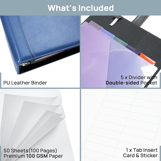 POPRUN PU Leather 2 Inch 3 Ring Binder, Professional Business Organizer- Includes PP Dividers, 100GSM / Grade AA Filler Papers, Card &Sticker for Tab- Ideal for Office Presentation Meetings, Blue