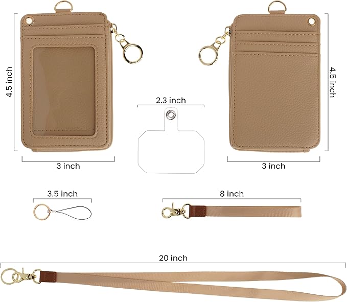 2-in-1 ID Badge Holder & Lanyard Wallet - Multi-Use Womens Small Wallet with Removable Wristlet & Neck Lanyard, Clear Window, 5 Card Slots, Phone Holder, Ring Keychain - Taupe