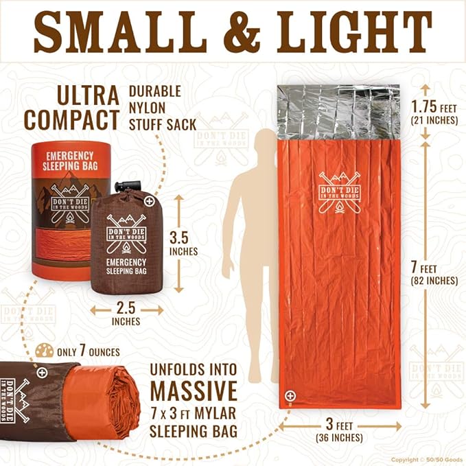 Don’t Die in The Woods - Survival Bivy - Emergency Sleeping Bag with Hood - Made with Extra-Thick Space Blanket Thermal Mylar - One of The 10 Essentials for Hiking, Camping, First Aid Kits