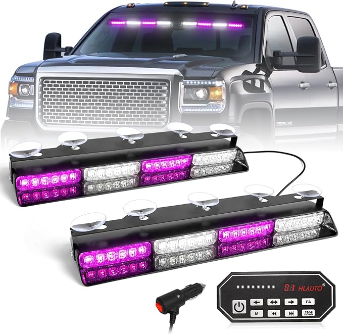 HLauto 604N Emergency Dash Strobe Lights: 2x16.8 inch Purple White Security Light w/Take Down, 48 LED Safety Flashing Warning Hazard Interior Windshield Light Bar for Truck Vehicle