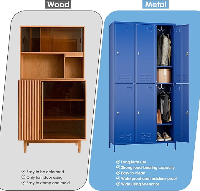 Metal Lockers for Employees with 6 Doors and 18 Hooks, 72”H Storage Locker with Card Slot for Office Gym School Bedroom, Blue, Assembly Required