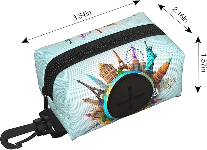 Let's go Travel Around the World Pattern Dog Poop Bag Holder for Leash Dogs Waste Bags with Carabiner Clip Pet Waste Bag for Outdoor Puppy Walking and Travel