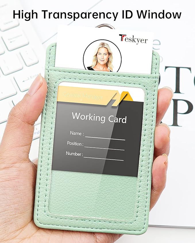 Teskyer Badge Holder with Lanyard, Leather ID Name Badge Card Holder with Lanyard for ID Badges, Vertical, Lychee Pattern Light Green