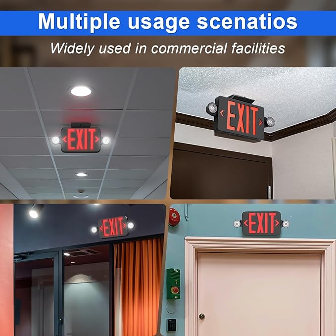 Black LED Exit Sign with Emergency Lights, Adjustable Two LED Head Commercial Emergency Exit Light with Battery Backup, UL Listed, AC 120/277V, Hardwired Emergency Lighting for Business (6 Pack)