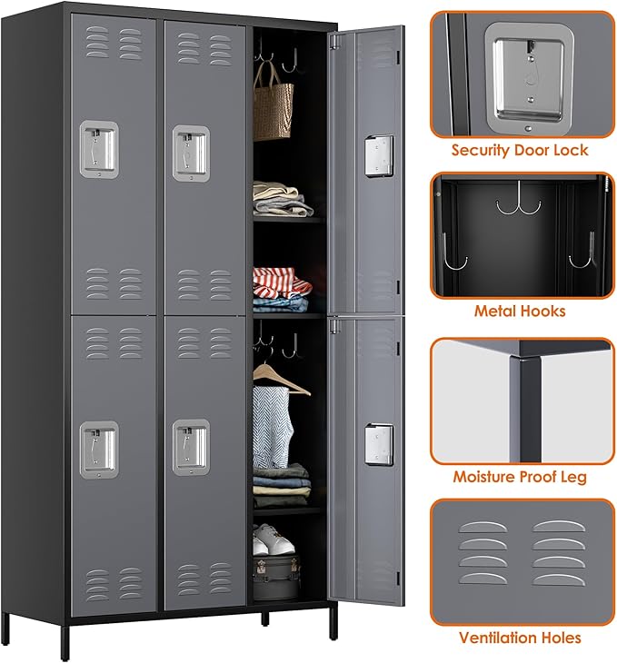 Metal Lockers with 6 Doors and 18 Hooks, 72" Tall Lockers for Employees with 18 Hooks for Home Office School Gym, Assembly Required, Black and Gray