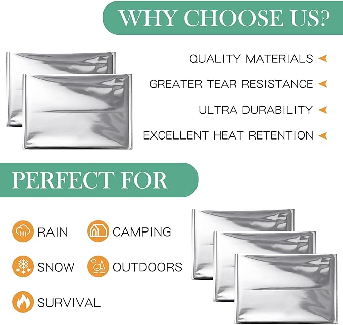 Macarrie 180 Pack Emergency Foil Thermal Blankets Silver Foil Survival Space Blanket Kit for Outdoors, Camping, Hiking, Homeless, Survival or First Aid, Silver