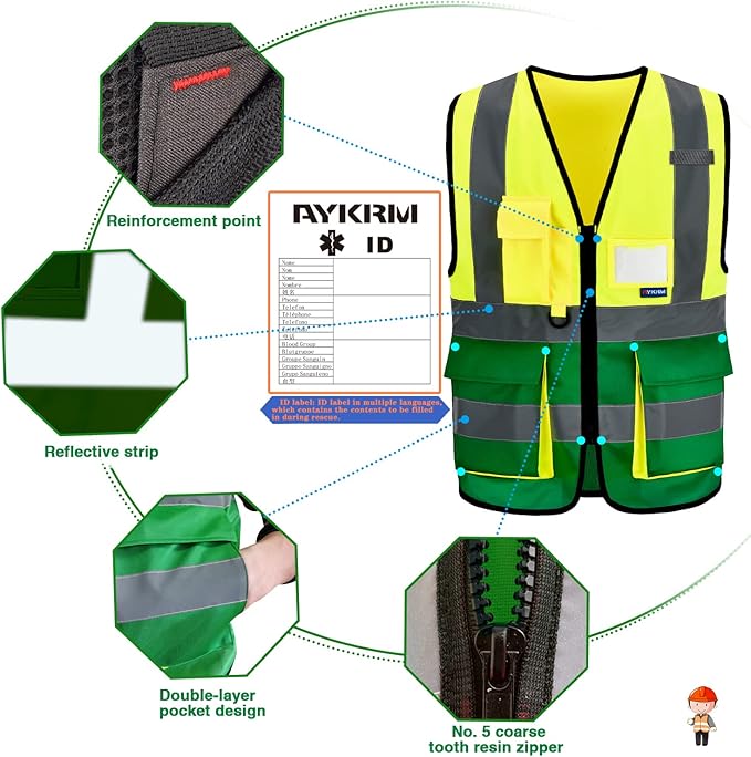 4XL 5XL Yellow green High Visibility REFLECTIVE WORK Safety Vest with zipper Reflective Strips 7 Pockets