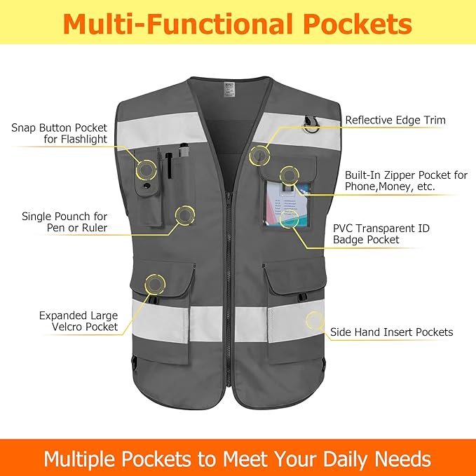 TCCFCCT Safety Vest for Men Women 9 Pockets High Visibility Reflective Vest for Safety, Work Vest with Reflective Strips, Meets ANSI/ISEA Standards, (Grey, X-Large)