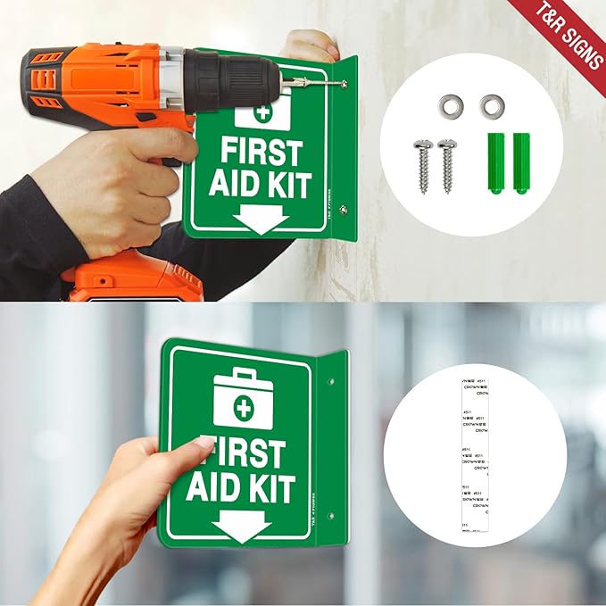 T&R First Aid Kit Sign, First Aid Kit with Down Arrow - 2 Pack - 6 x 6 Inches Acrylic, 2 pre-drilled holes, Includes Matching Screws, Use for Office/Business