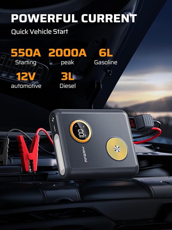 AFERIY 88Wh UltraSafe Sodium Ions Jump Starter，2000 A Car Battery Jump Starter with PD 60W Fast Charge，12V Jump Box with USB Ports, LCD Display and 3 Modes Flashlight
