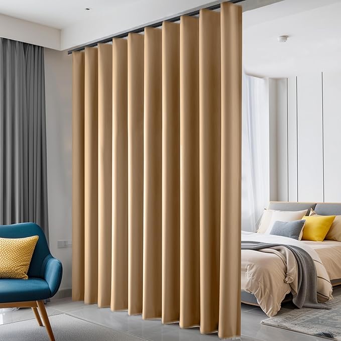 Room Divider Curtains Blackout Ceiling Track Curtain with Hook Wall Mount Sliding Door Curtains Ceiling Mount Extra Wide Curtain Wall Divider for Room Separation (Khaki, W180 x H96 Inch)