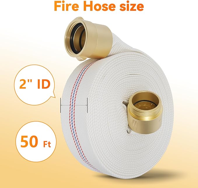 Fire Hose 50 FT x 2" ID, M × F NST/NH Brass Couplings, Single Jacket TPU, Working Pressure 250 PSI, Burst Pressure 750 PSI, Indoor Fire, Home, Garden Fire Hose Irrigation
