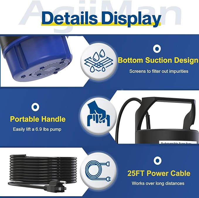 AgiiMan 2HP Submersible Water Pump, 3500GPH Portable Sump Pump for Pool Draining, Pool Cover Pump with 25FT Power Cord for Basements Pool Fountains Hot Tub Garden, Blue