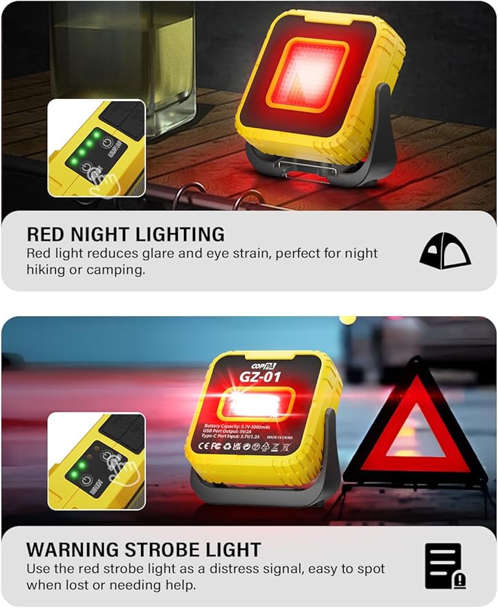 COPPA Work Lights, Portable Working Light 3000mAh Rechargeable 6 Light Modes & Brightness Adjustable Cordless LED Work Lamp with Magnetic for Camping Garage Repair Hiking