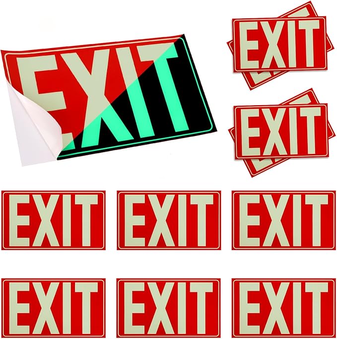 CEYAZYE 10Pcs Glow In The Dark Exit Sign Aluminum, 10"x7" Photoluminescent Emergency Adhesive Signs Sticker for Business Office School Warehouse Fire, Apply to Door, Wall, Window