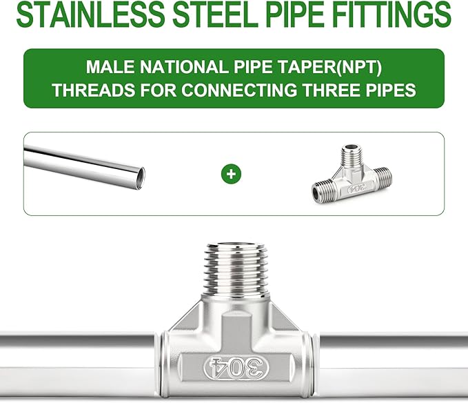 TAISHER 5PCS 304 Stainless Steel Tee Pipe Fittings, 1/4" x 1/4" x 1/4" NPT Male Pipe Fittings