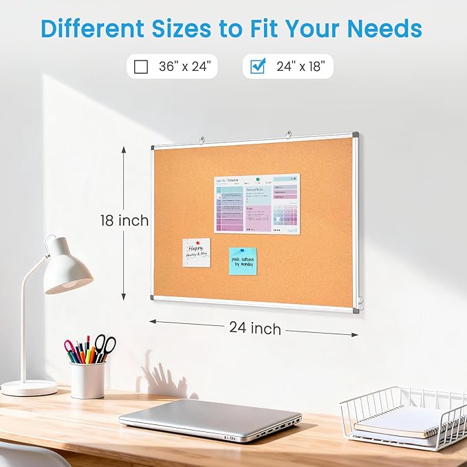 Double-Sided Cork Bulletin Board for Wall, WALGLASS 24" x 18" Hanging Wall Mounted Notice Board, Pin Display Vision Cork Board, Aluminium Framed Message Corkboard for Office, Home, School