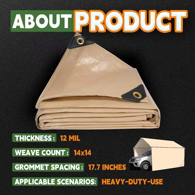 RAINDEWAY 7x30 Feet Heavy Duty Tarp,12 Mil Tan Waterproof Poly Tarp Cover,UV Resistant,Weatherproof,Durable,Multipurpose Tarps with Grommets and Reinforced Edges