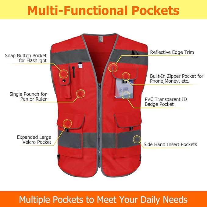 TCCFCCT Hi Vis Vest 9 Pockets High Visibility Reflective Safety Vest for Men Women, Safety Construction Vest with Reflective Strips, Meets ANSI/ISEA Standards, (Red, Medium)
