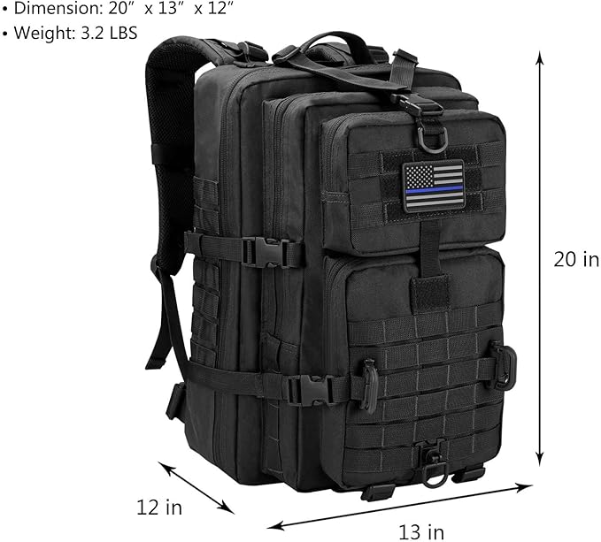 MOLLE Assault Backpack, Tactical Backpack Military Army Camping Rucksack, 3-Day Pack Trip w/USA Flag Patch, D-Rings, Black
