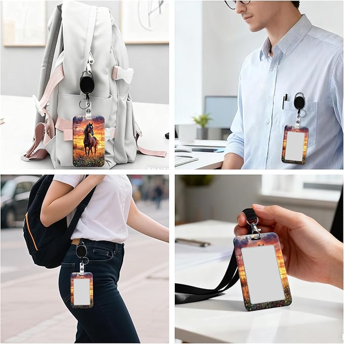 ID Badge Holder with Retractable Lanyard for Women & Men,Vertical ID Card Holder Wallet,Clear Window&Card Slot,Detachable Neck Strap for Nurse Teacher Office,Sunset Horse Grace